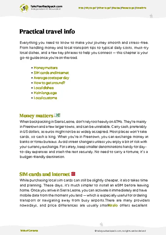 example page 7 from our offline Travel Guide for Sierra Leone